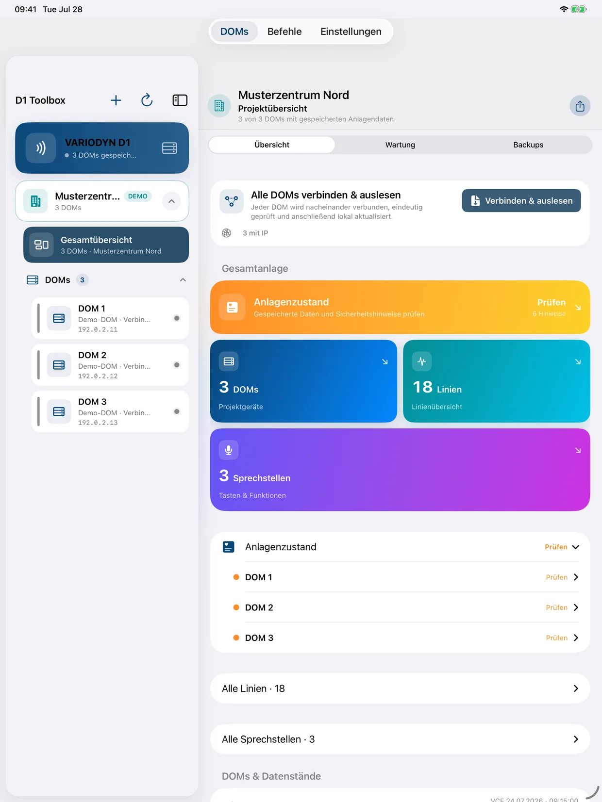 D1 Toolbox Projektübersicht auf dem iPad
